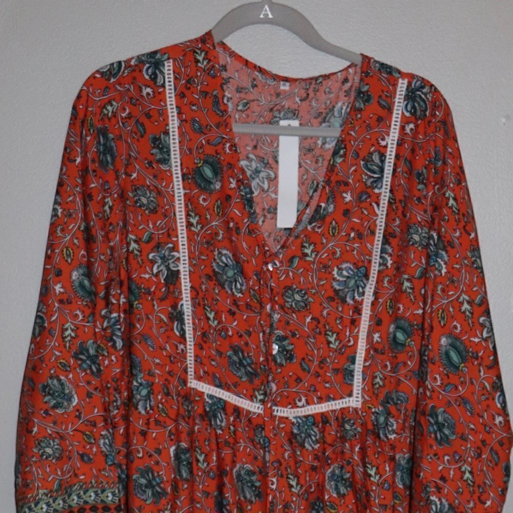 Gaovot Orange & Green Floral LS Shift Dress Size XL